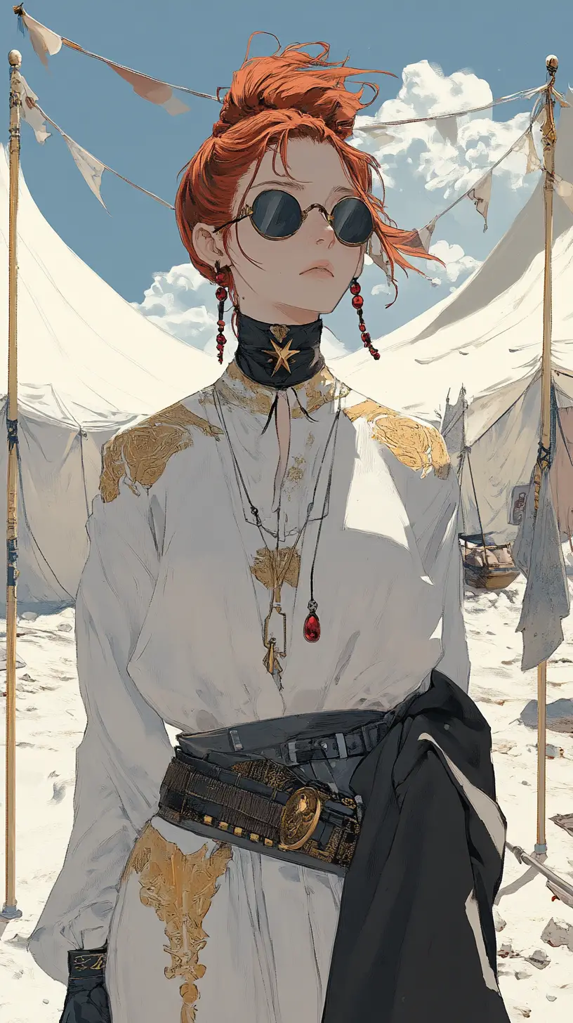 Ragazza anime in un campo nel deserto bianco con tende colorate