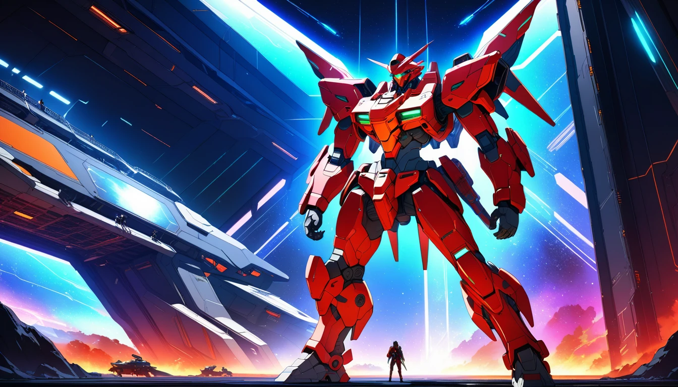Piloto de mecha de anime diante de robô gigante em hangar futurista