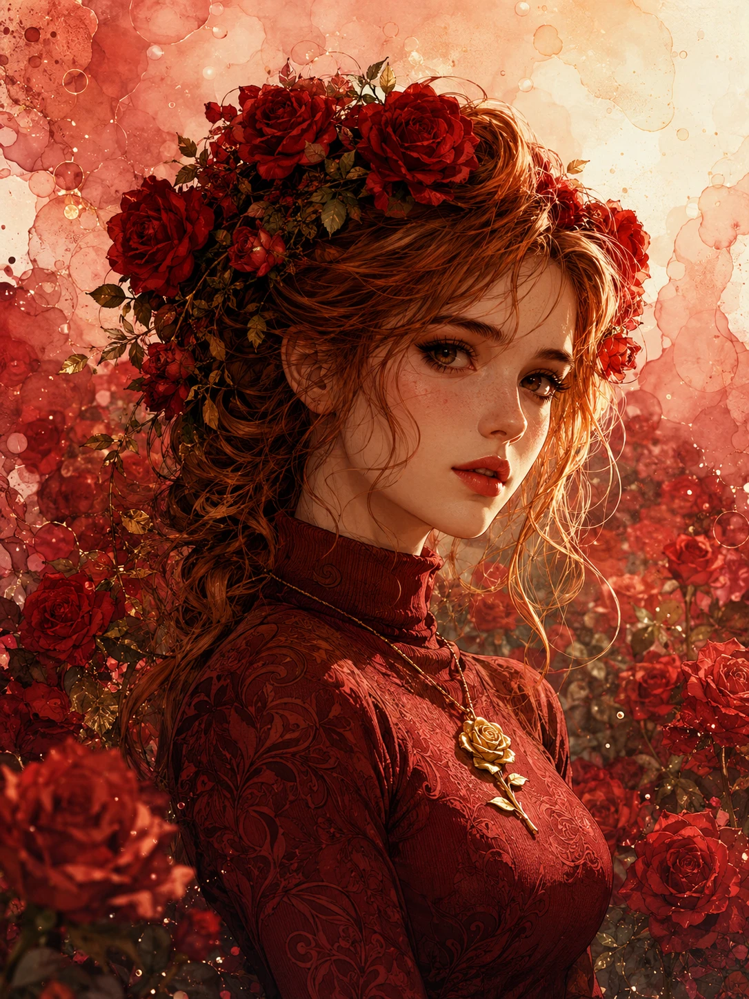 Chica con corona de rosas en ilustración semirrealista vibrante