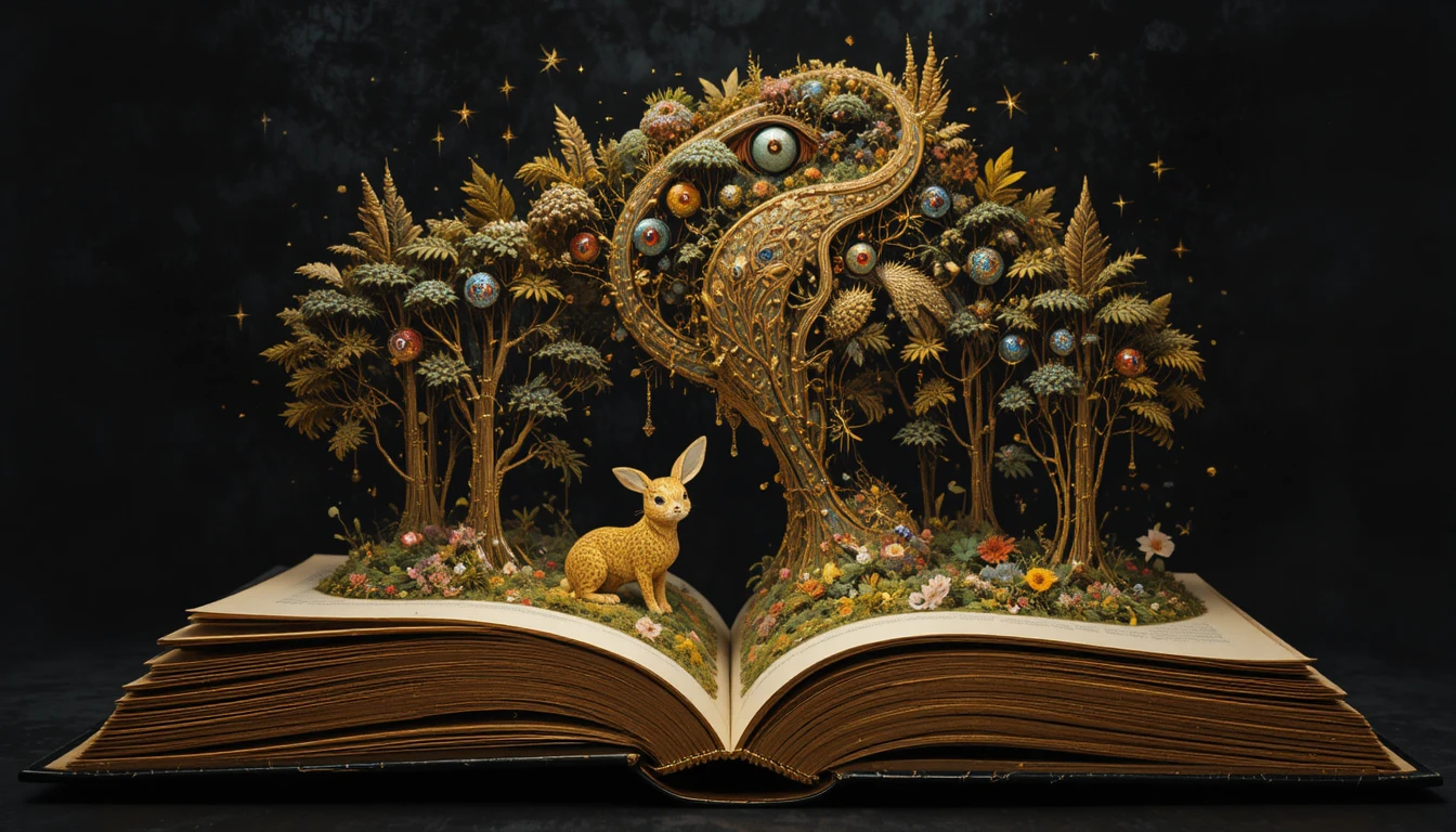 Coelho gigante saindo de um livro de floresta mágica