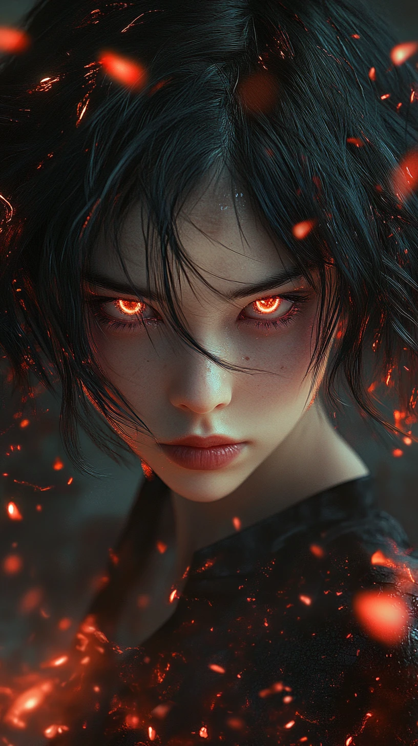 Ragazza anime con occhi rossi luminosi tra petali scuri
