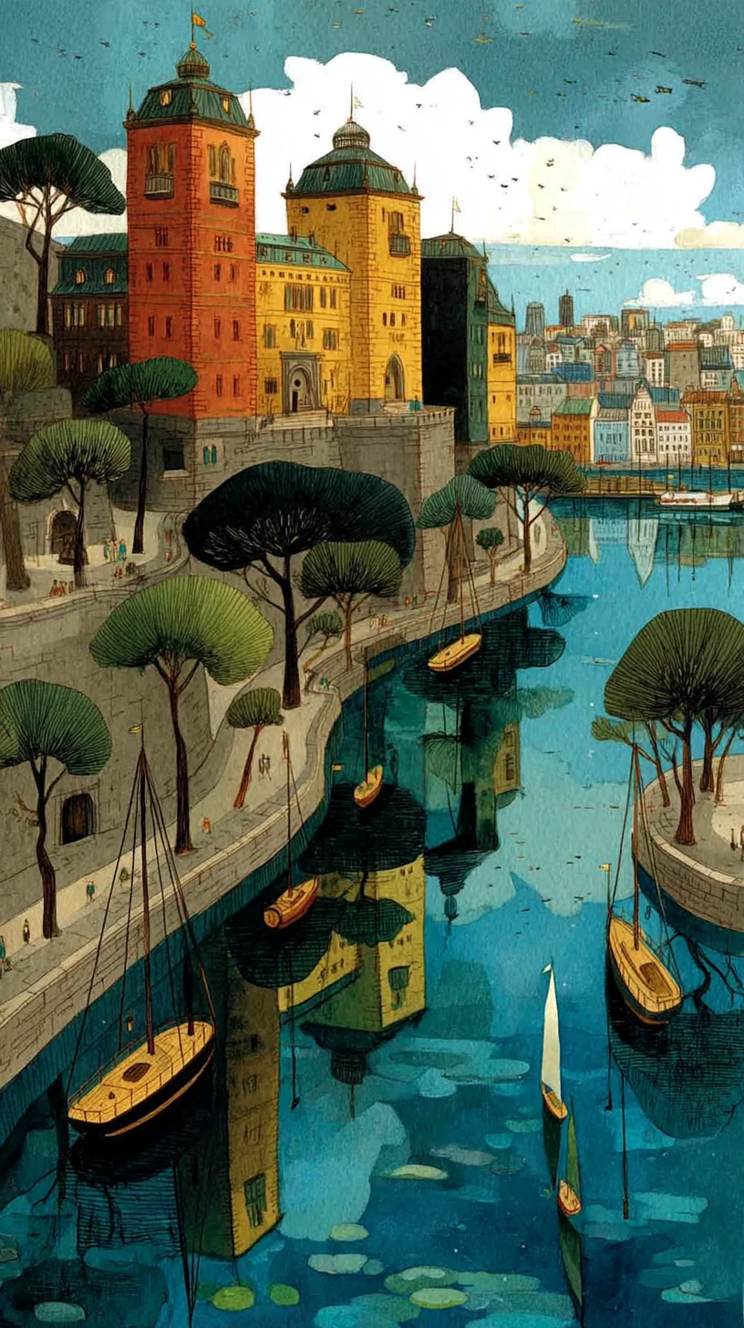 Vista em aquarela do porto de Oslo e da fortaleza histórica