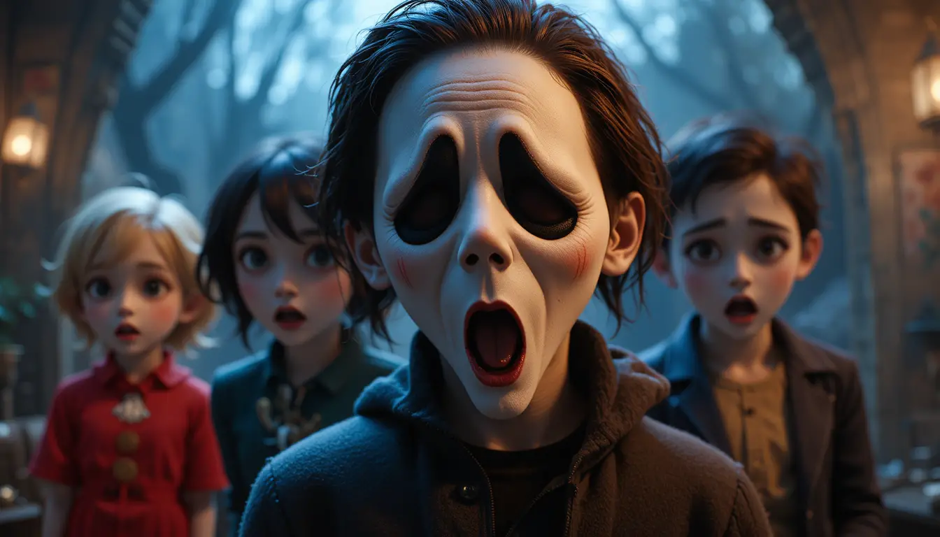 Killer mascherato in argilla stile Pixar, ispirato a una scena di film horror