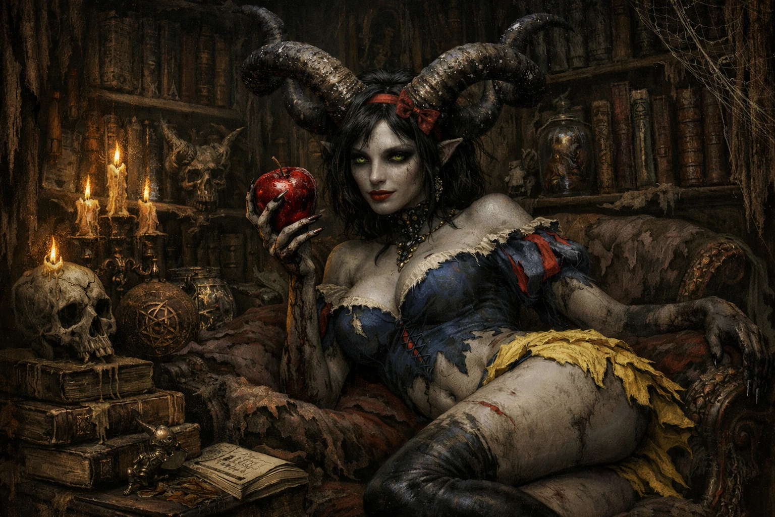 Horned demon woman in a gothic library with apple