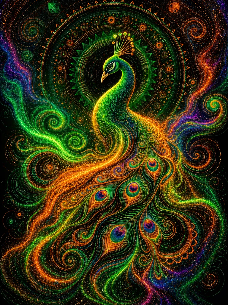 Silhouette astratta di pavone al neon in arte di sabbia liquida fluida