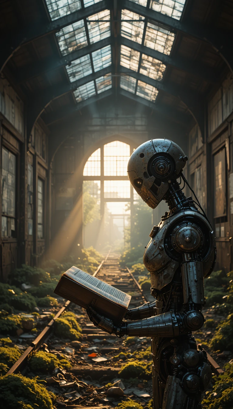 Robot solitario con un libro en una estación de tren abandonada