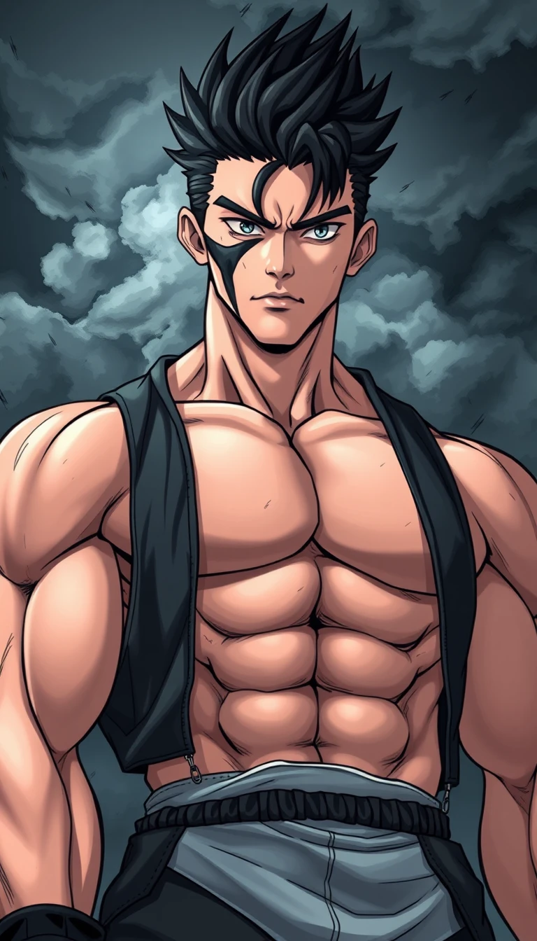 Uomo alto e muscoloso in stile manga tempestoso – ritratto a figura intera