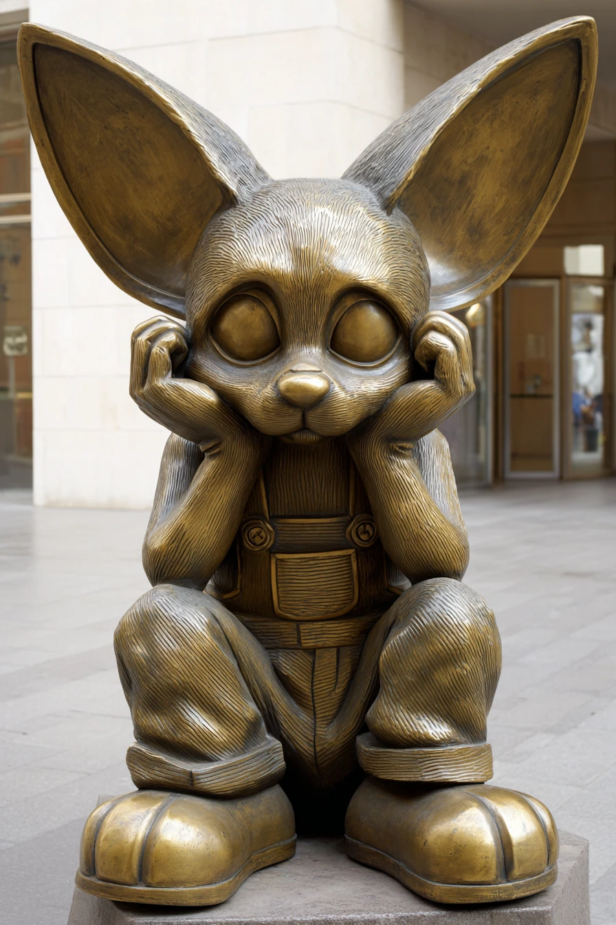 Figura estilizada de raposa‑fennec sentada pensativa com orelhas enormes