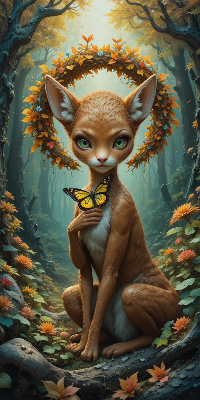 Anthropomorphic deer girl holding a glowing butterfly in forest