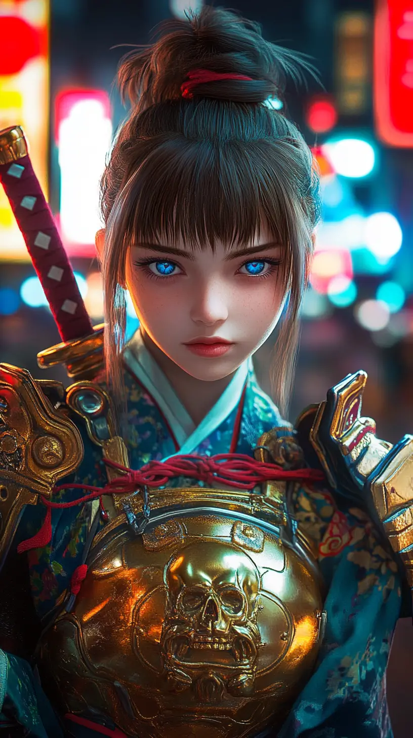 Fille samouraï d’anime en armure dorée dans une rue de ville néon