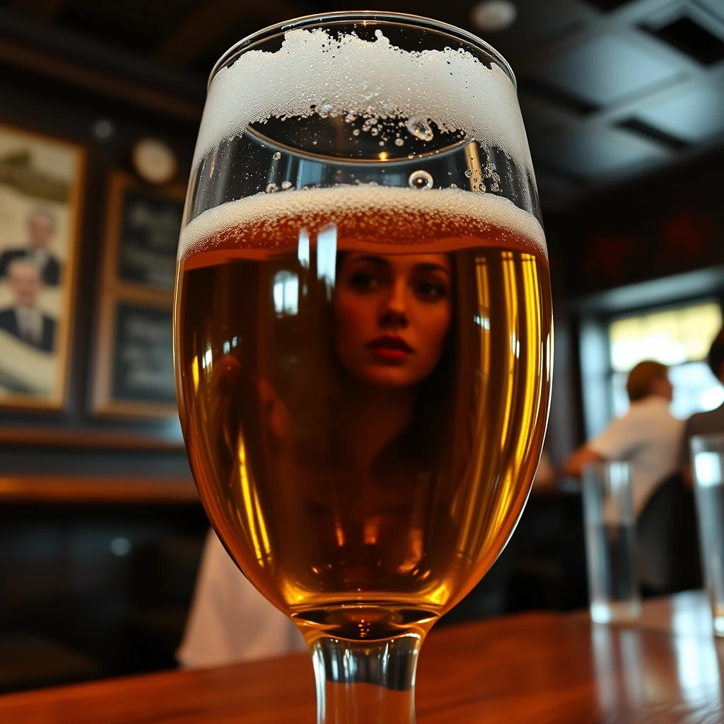 Blick durch ein Bierglas auf eine Frau gegenüber in der Kneipe