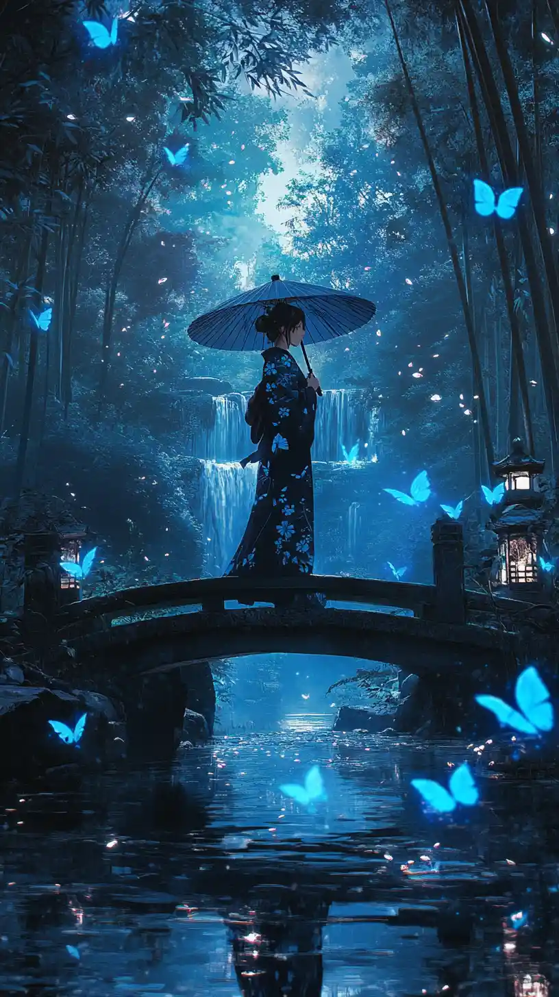 Mujer con kimono azul en un puente en un bosque de bambú