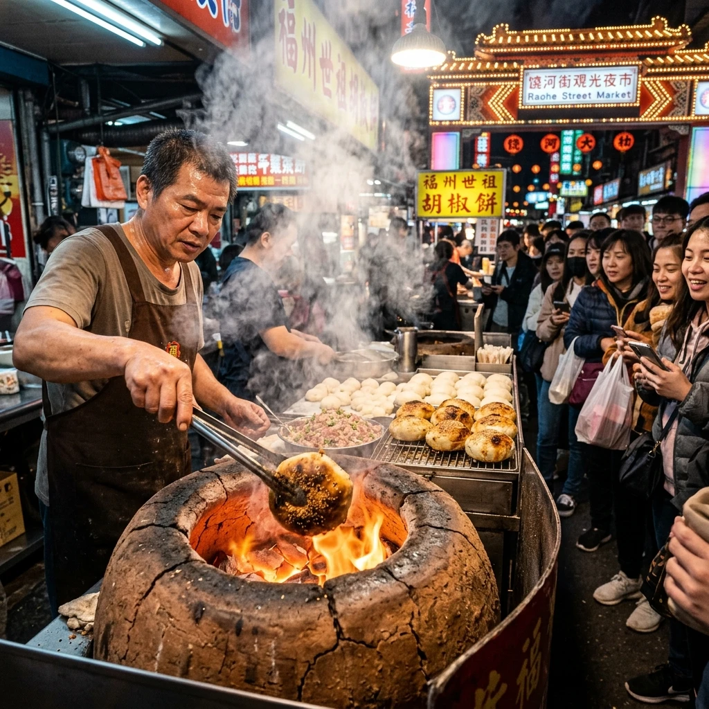 Étal de buns au poivre à Taïwan avec charbon ardent dans un marché de rue