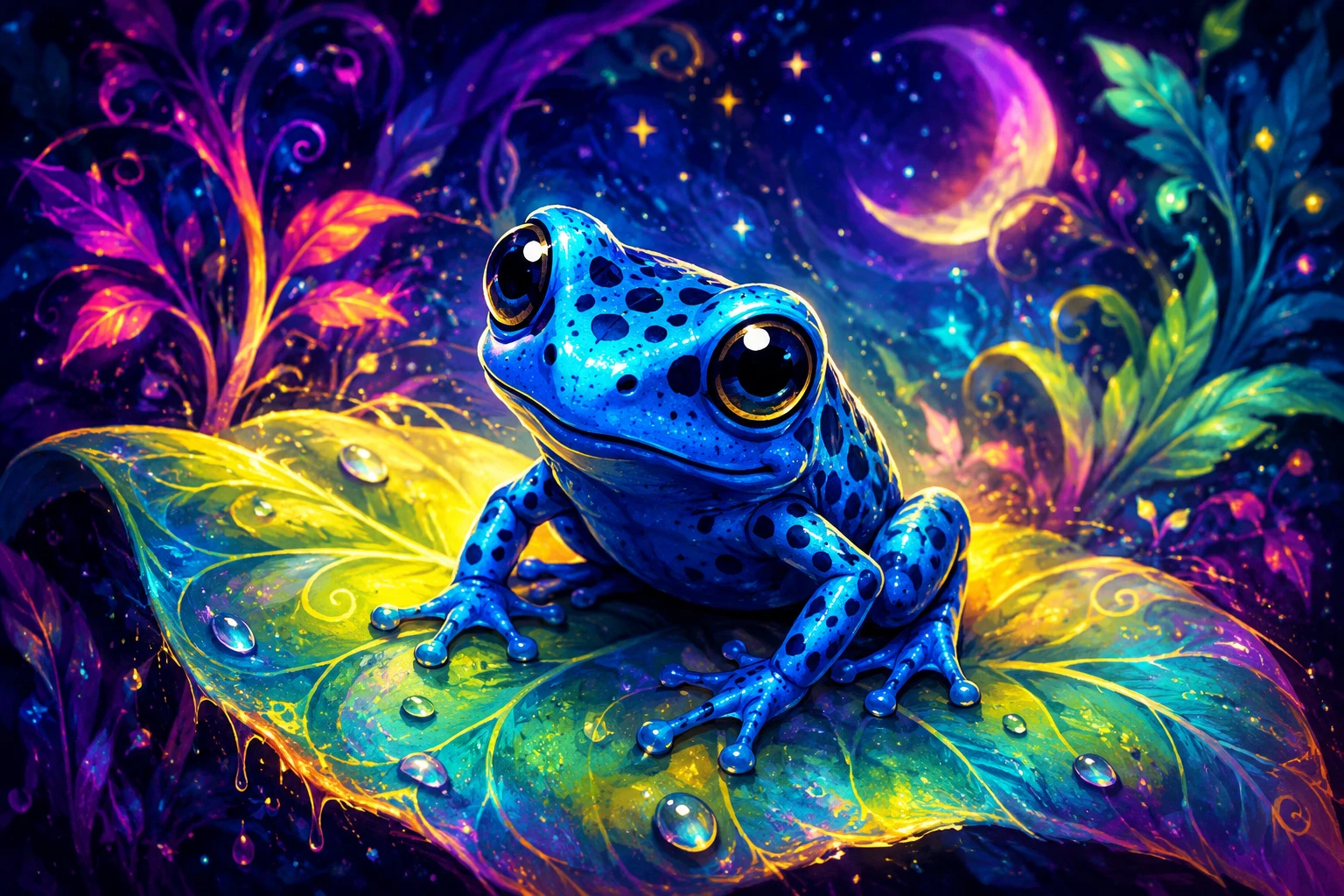 Illustrazione di una graziosa rana freccia velenosa blu su una foglia luminosa