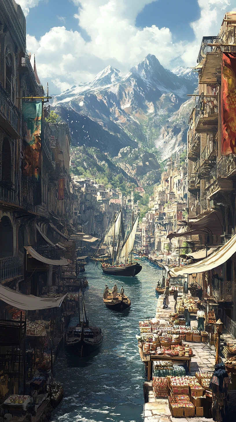 Rua de cidade árabe em estilo anime com barcos no canal e barracas
