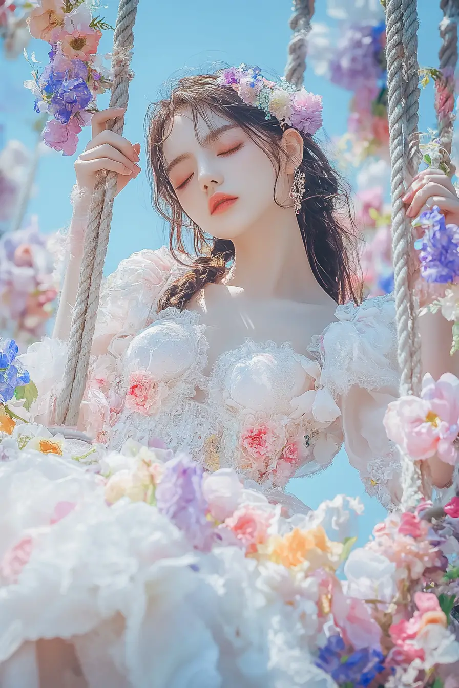Pastell-Fantasiegirl auf reich verziertem Schaukelstuhl, umgeben von Blumen