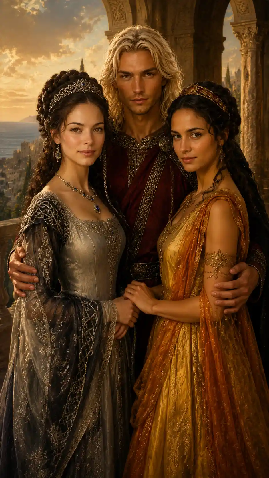 Trio royal sur un balcon au coucher du soleil au-dessus d’une ville côtière