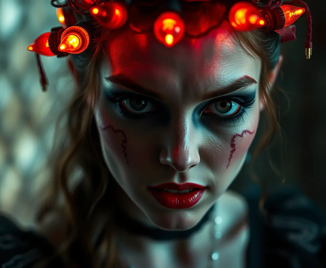 Surreal fantasy woman with dark comic horror expression