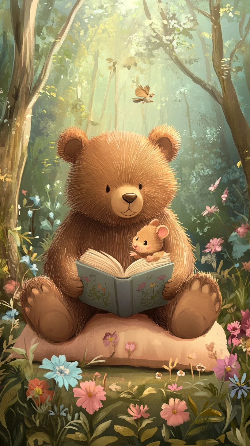 Bear and mouse reading together on a forest pillow