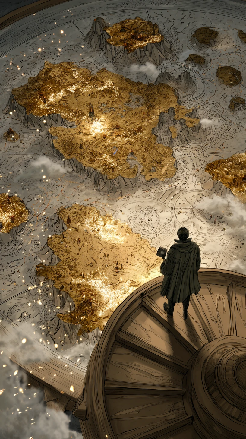 Cartografo visionario in un antico osservatorio con carta celeste