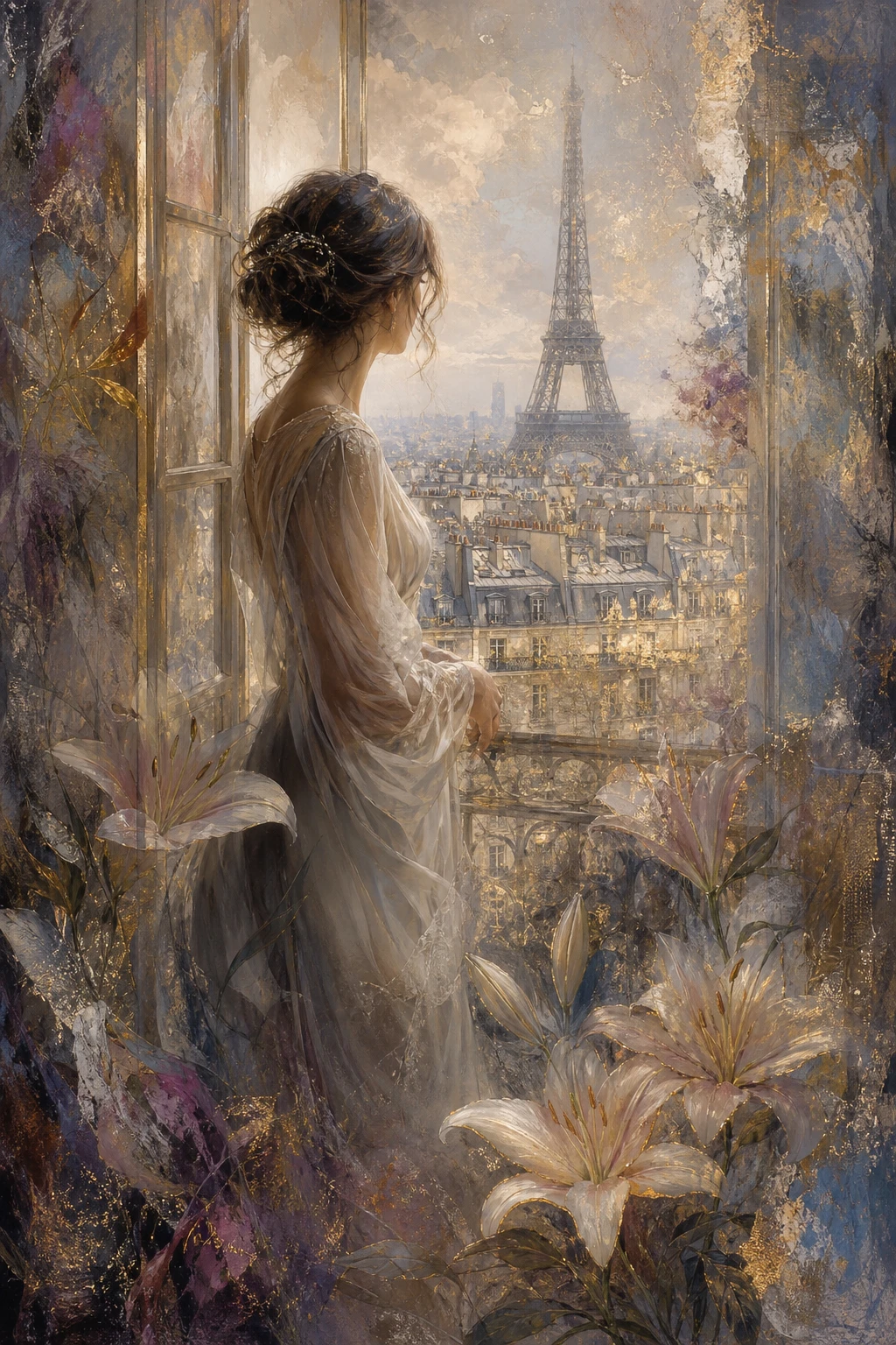 Femme élégante à une fenêtre parisienne avec vue sur la tour Eiffel illuminée