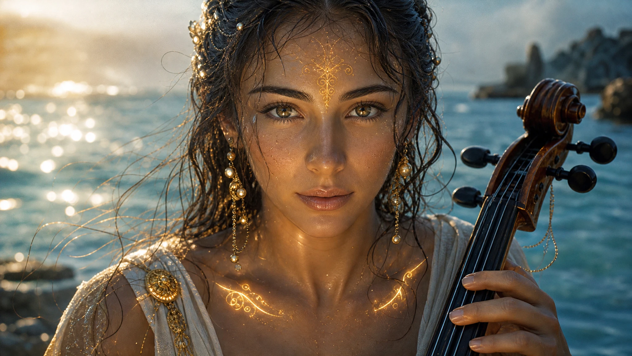 Frau mit Cello am Meer in ruhiger, strahlender Nahaufnahme