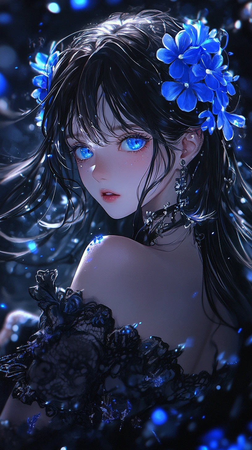 Ragazza anime con fiori blu luminosi nel vuoto oscuro