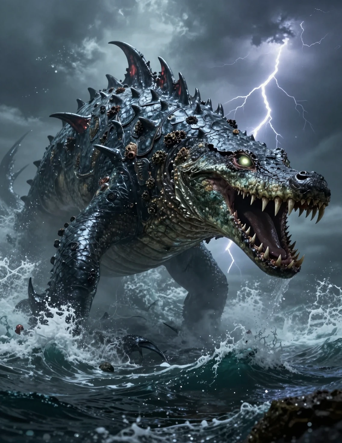 Monstro marinho mítico emergindo de um oceano abissal tempestuoso