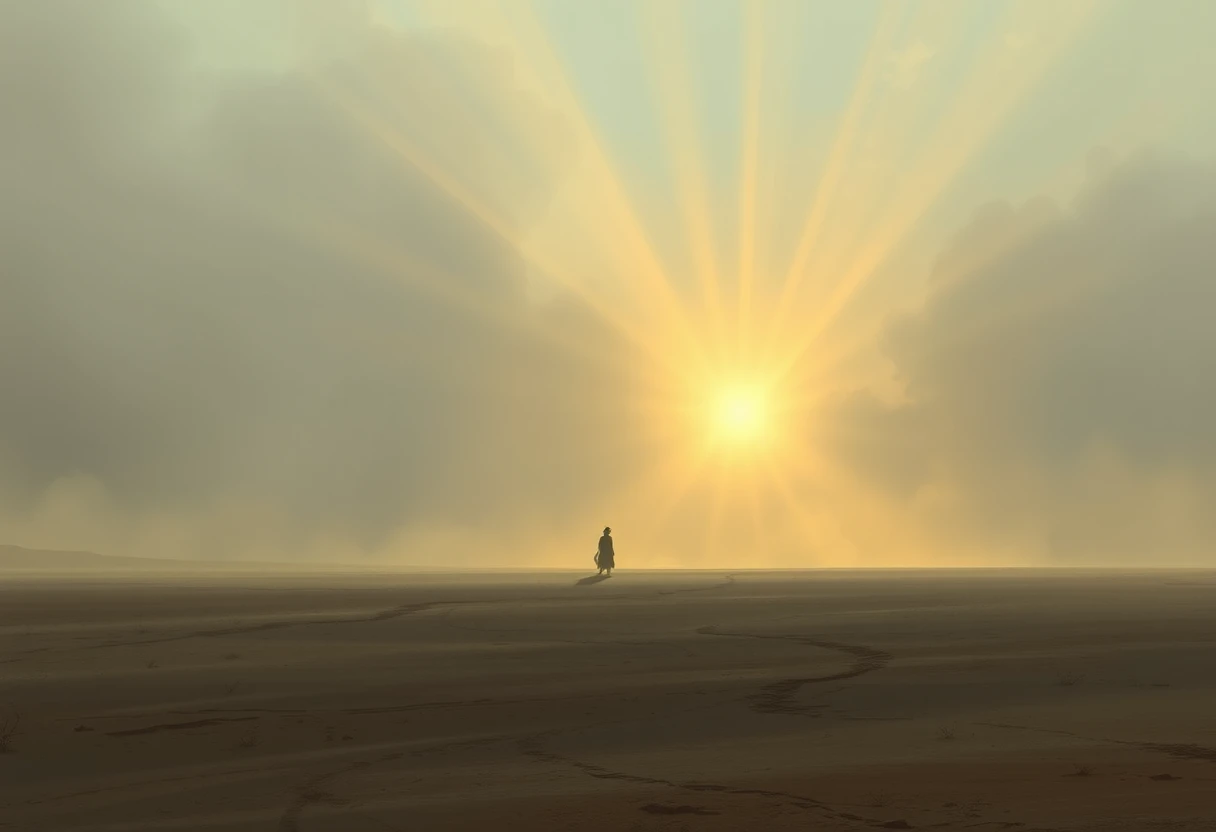 Figura solitaria al confine di un vasto deserto brullo