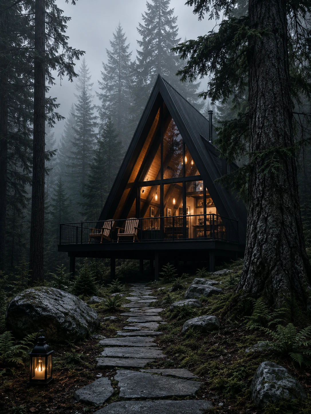Moderne A-Frame-Waldhütte leuchtend in nebeligen Immergrünen