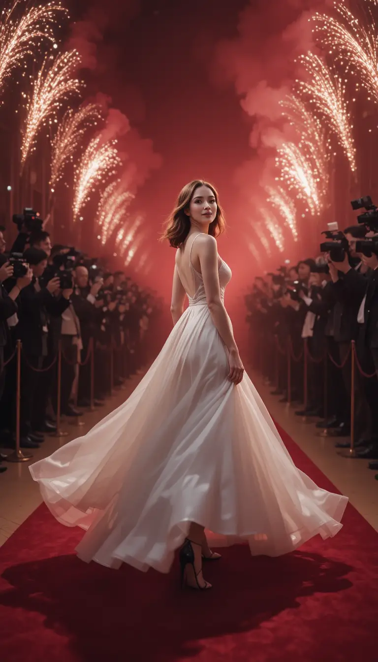 Elegant woman walking along a red carpet toward camera