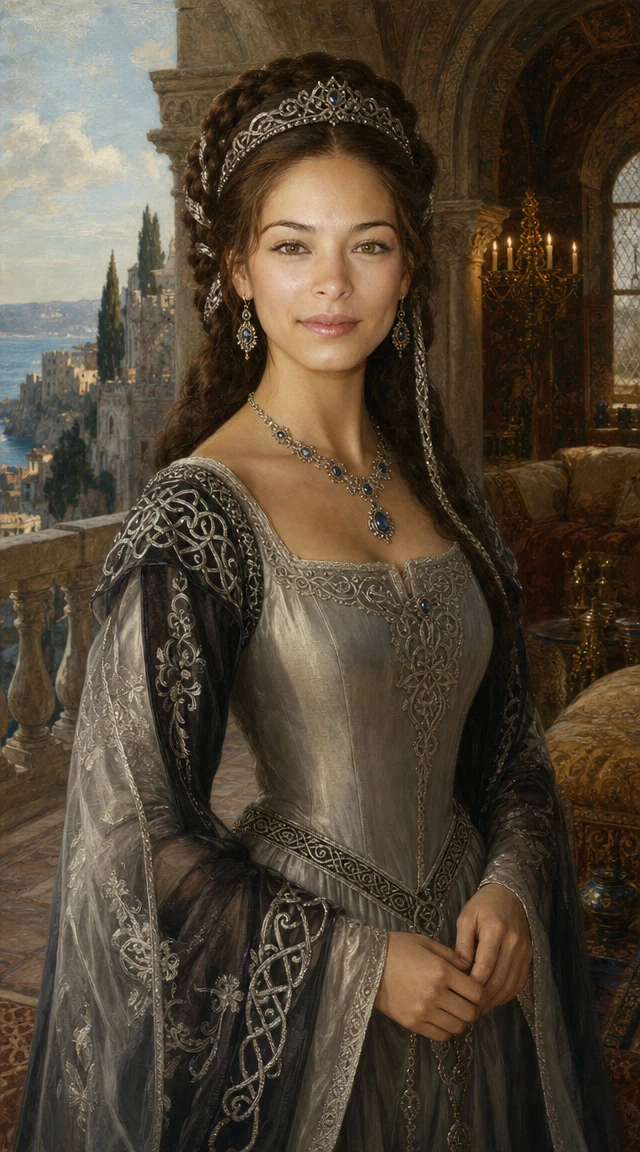 Portrait d’une élégante femme médiévale sur la terrasse d’un château