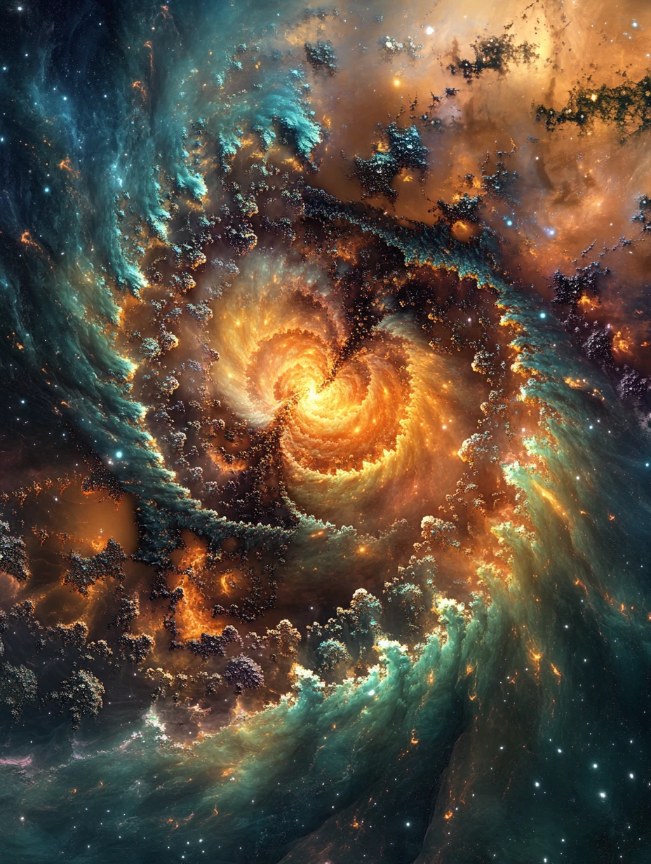 在有生命的宇宙星雲中旋轉的虹彩分形漩渦