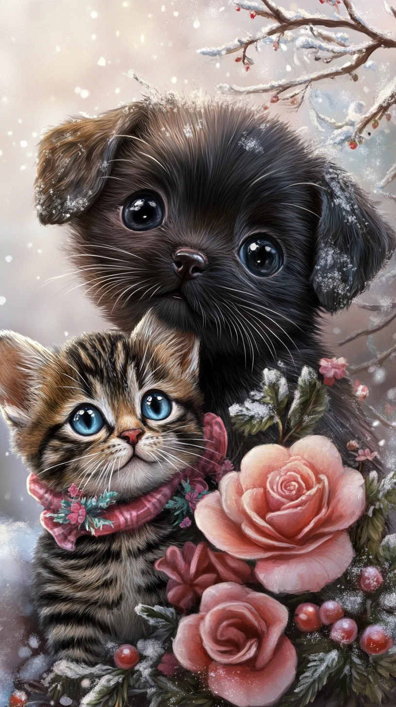 Chiot joueur et chaton dans une lumineuse scène de fantaisie enneigée