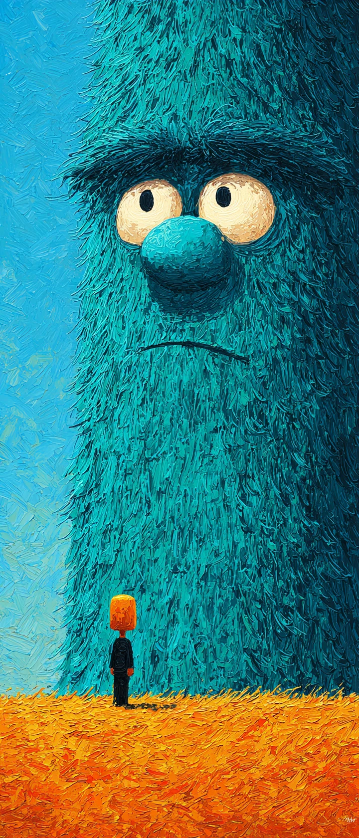 Mostro gigante color teal sovrasta una minuscola figura in abito