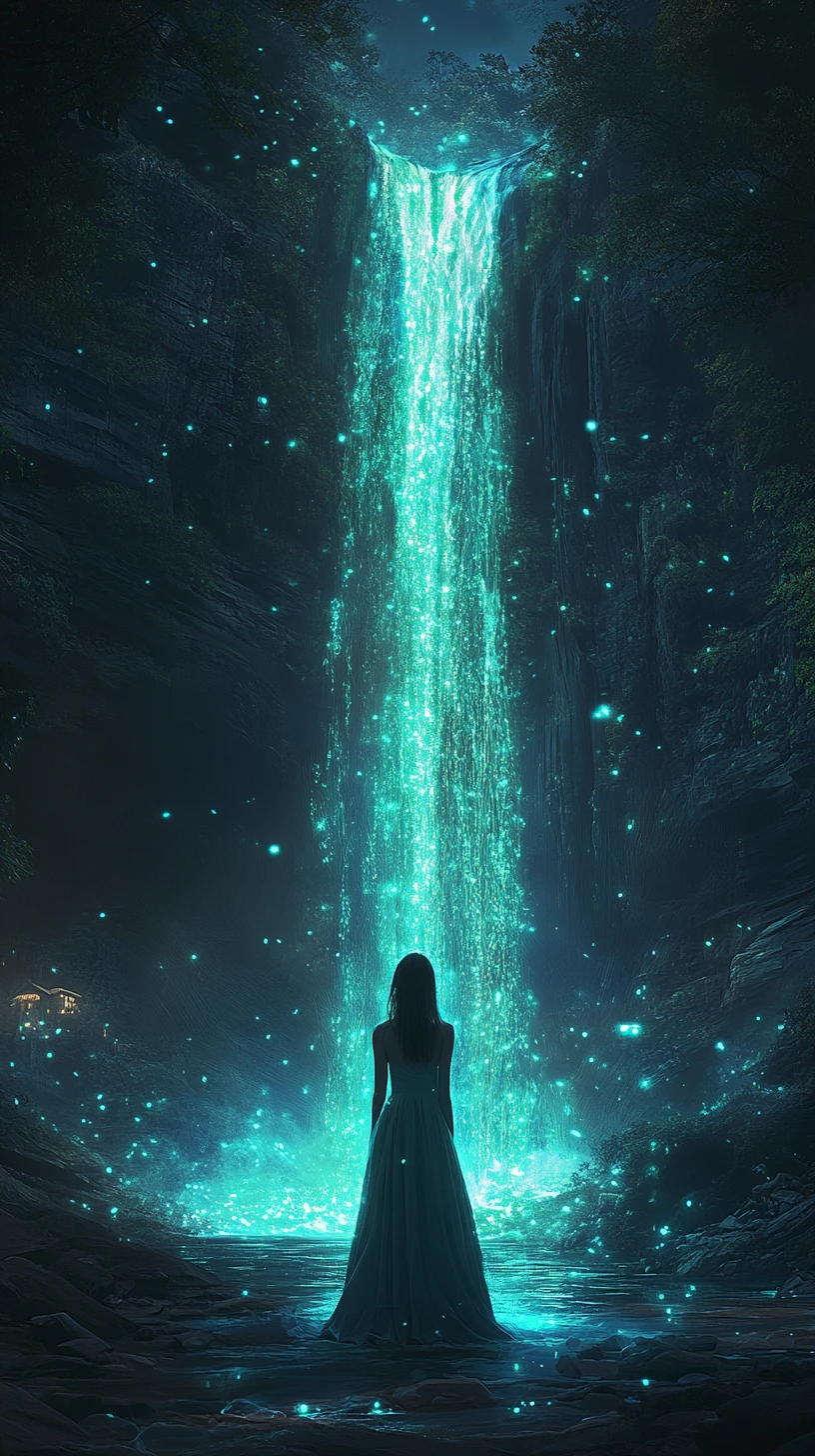 Donna in abito davanti a una cascata luminosa in una foresta oscura