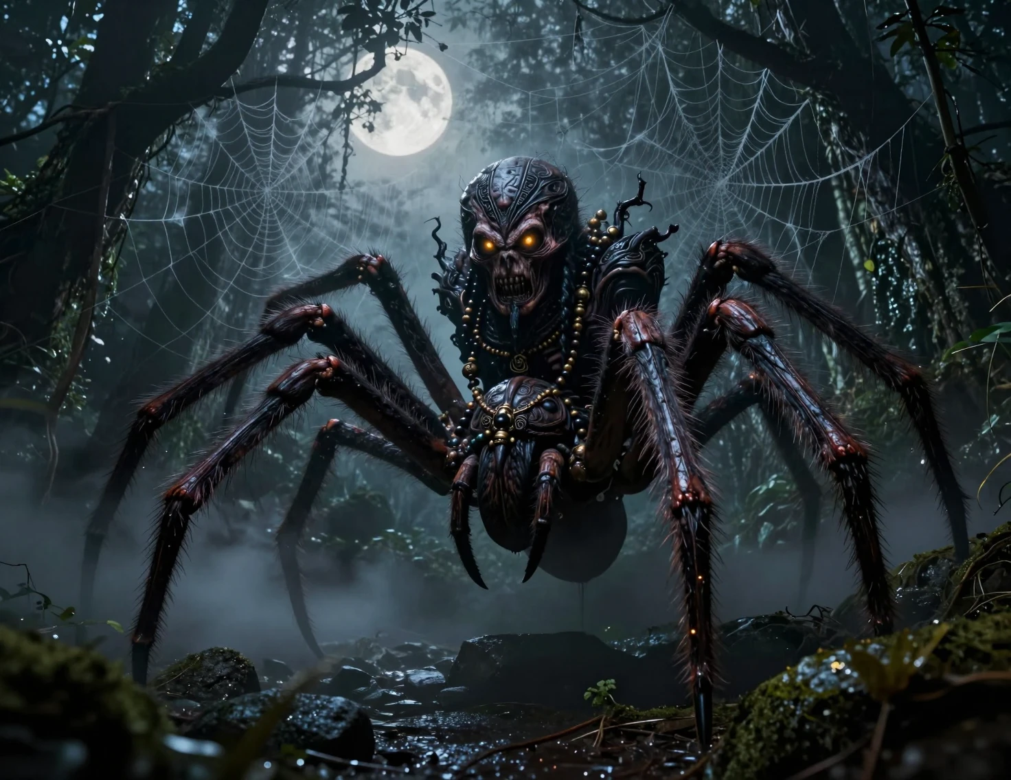 Monstro Aranha Aterrorizante Pairando em uma Selva ao Luar