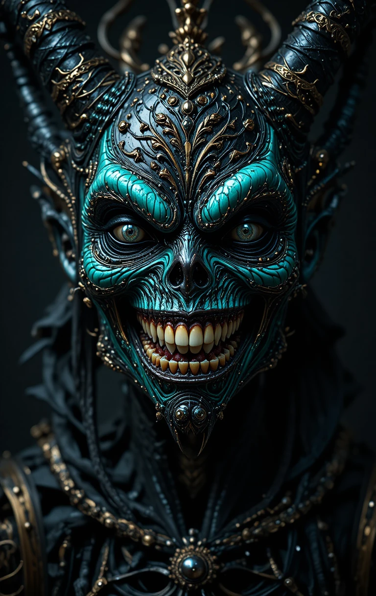 Monstro metálico sorridente e assustador com dentes brancos reluzentes