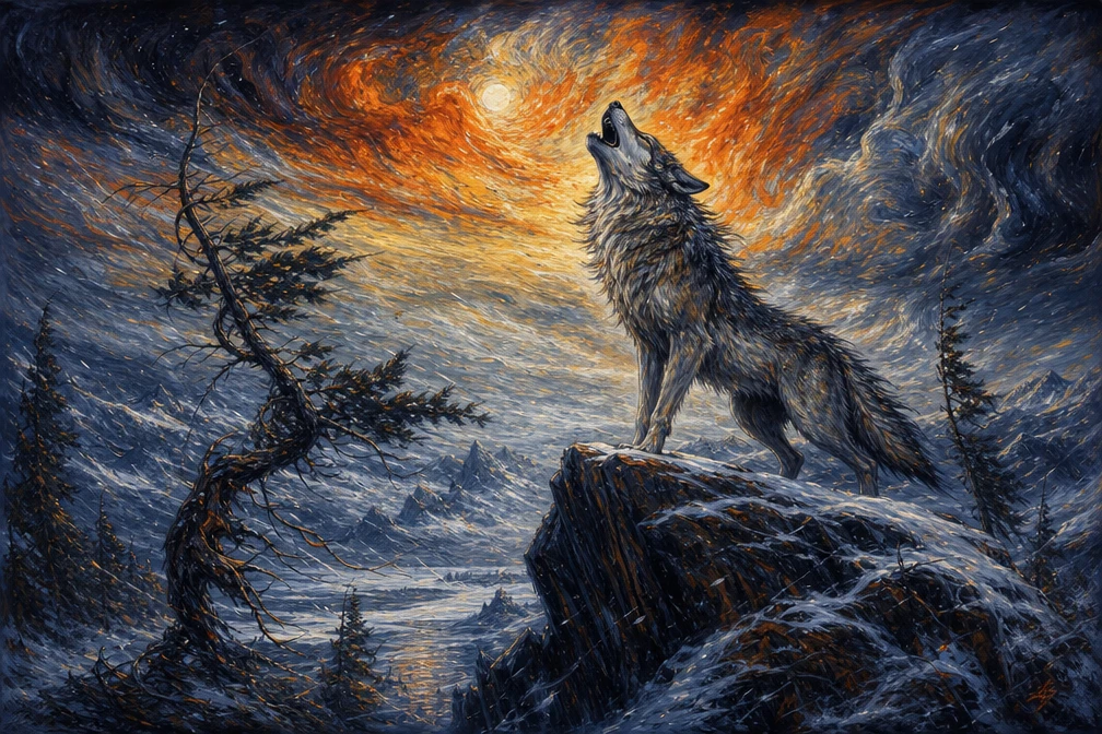 Lobo expressionista uivando em um penhasco rochoso varrido pelo vento