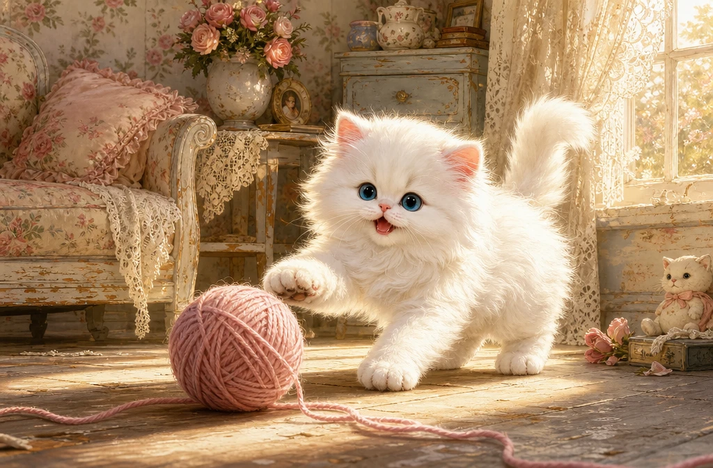 Chaton persan blanc jouant avec une pelote de laine dans un salon cosy