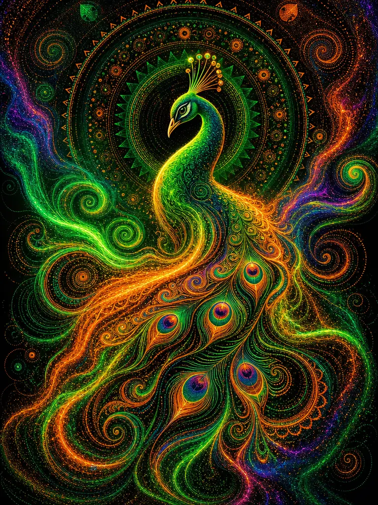 Abstract neon peacock silhouette in flowing liquid sand art