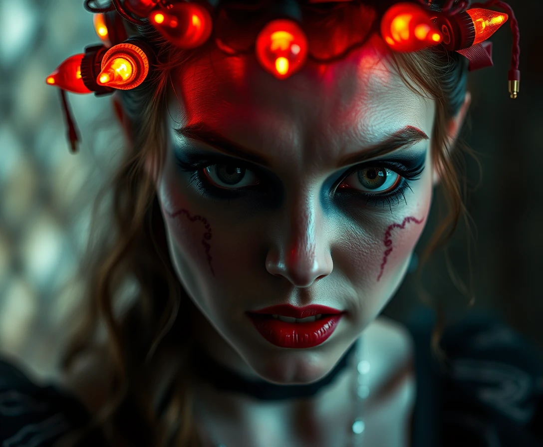 Mulher de fantasia surreal com expressão de terror cômico sombrio