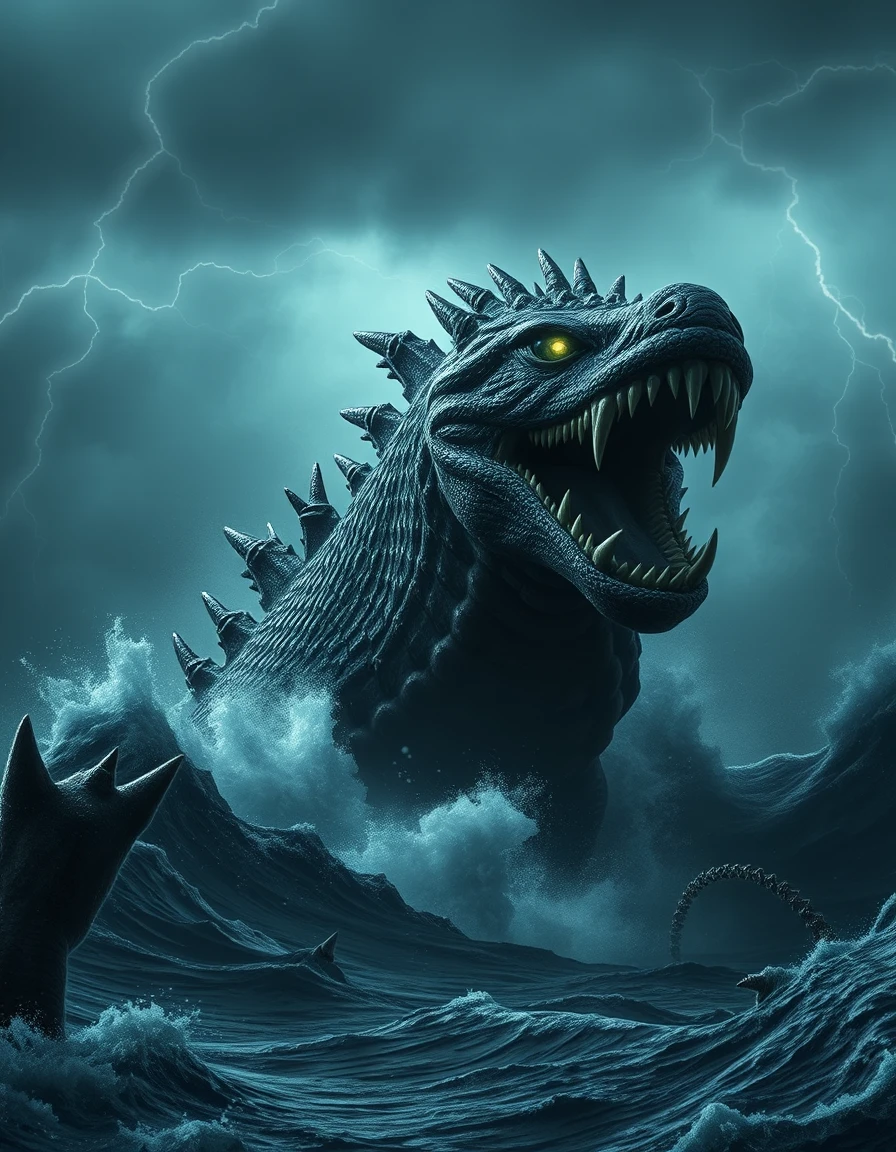 Monstro marinho mítico surgindo de uma tempestade furiosa