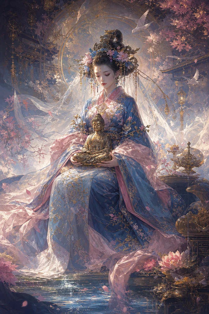 Geisha surreal de quimono segurando uma estátua de Buda