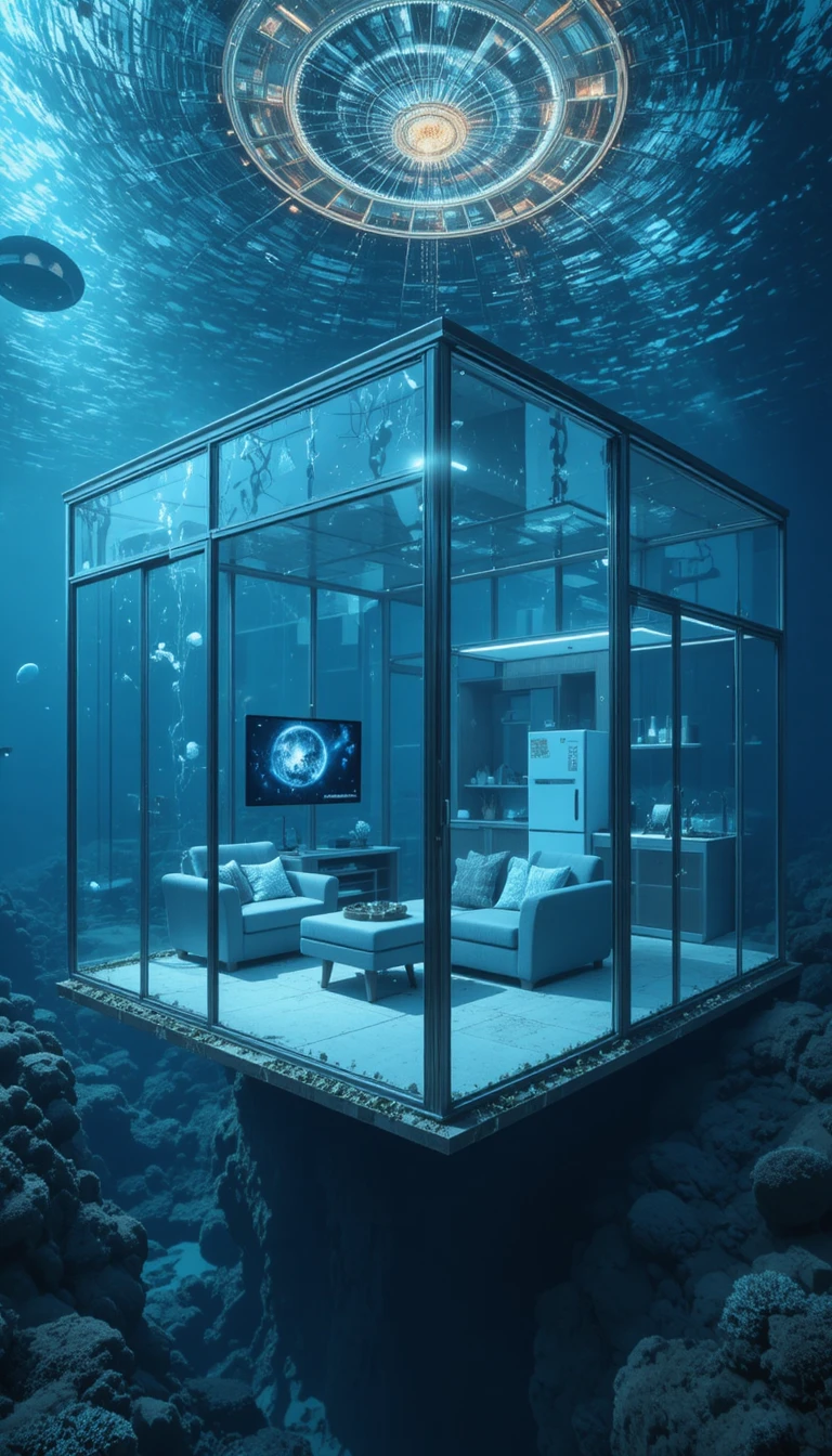 Unterwasser-Glasgebäude mit modern eingerichteter Innenausstattung