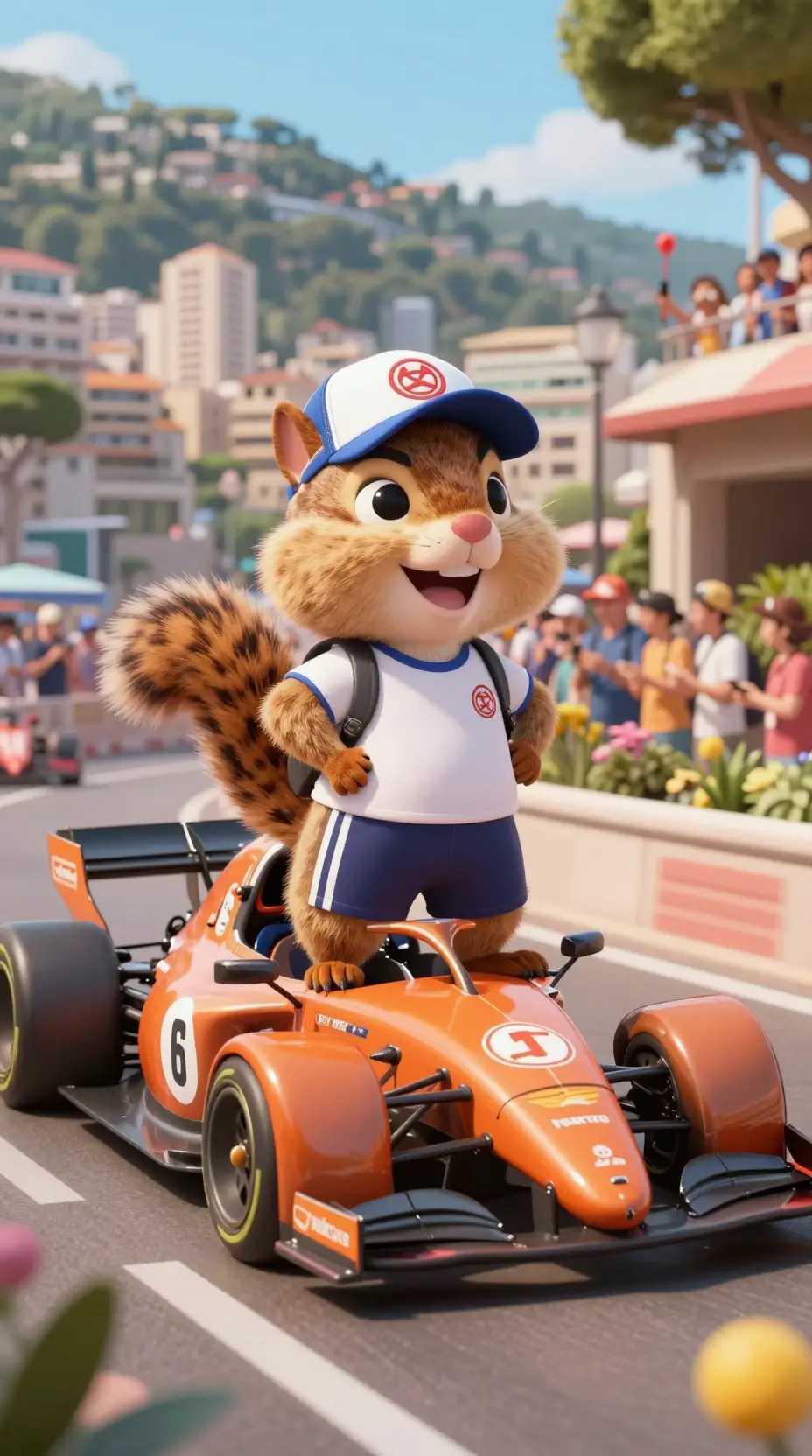 モナコのカーレースでスポーツウェアを着たハッピーなシマリス