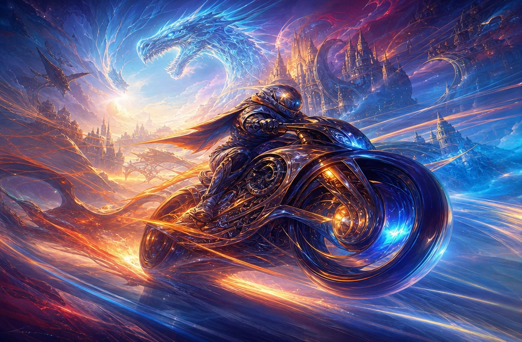 Ilustração futurista de uma moto em alta velocidade com linhas dinâmicas