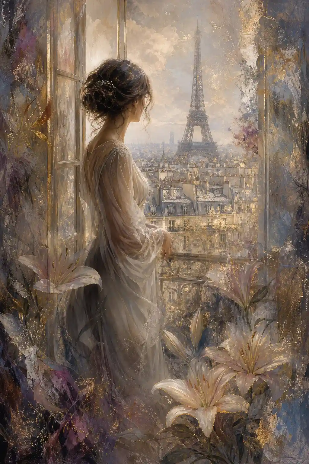Femme élégante à une fenêtre parisienne avec vue sur la tour Eiffel illuminée
