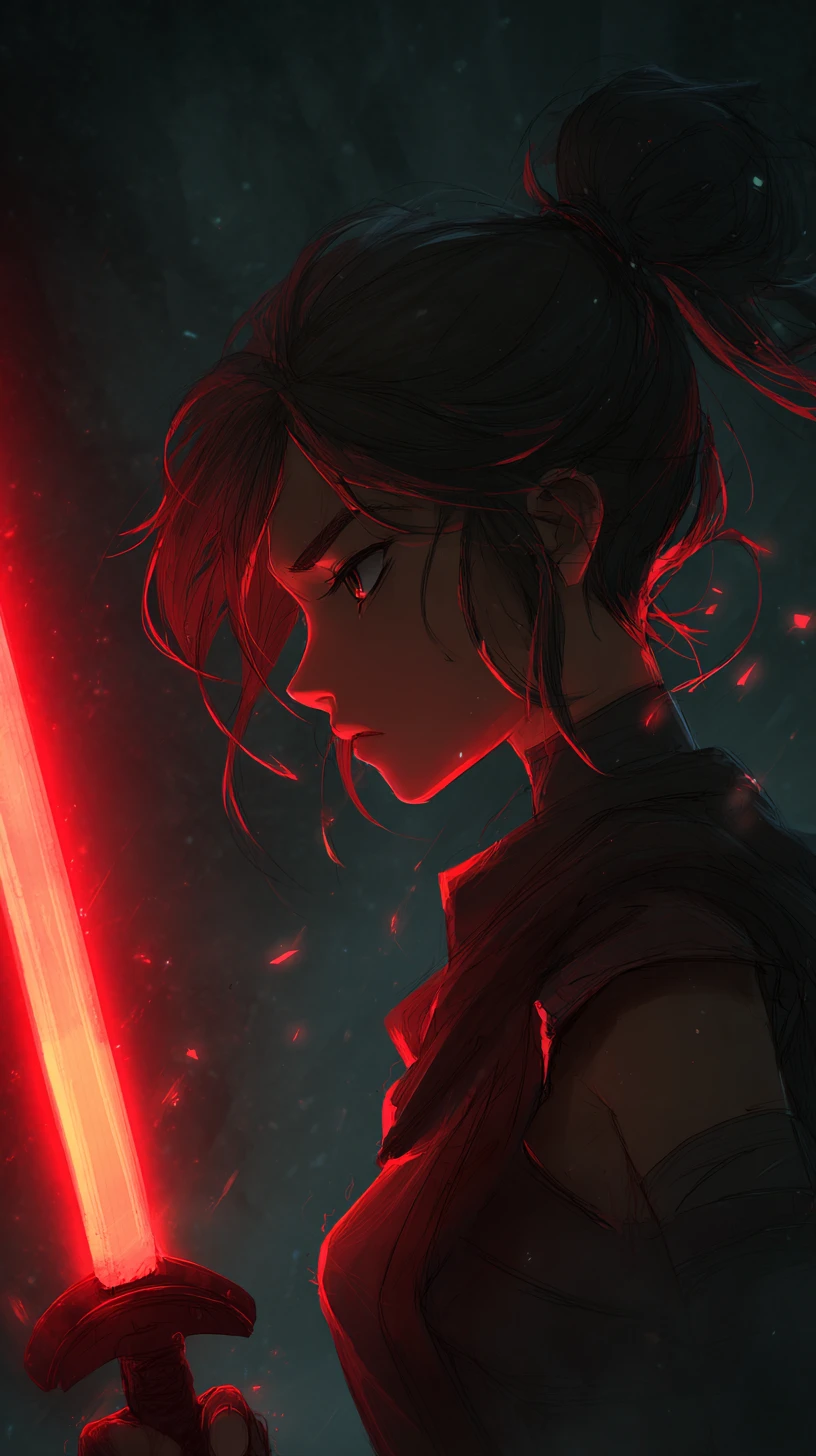 Guerriera anime con katana rossa luminosa in una caverna oscura