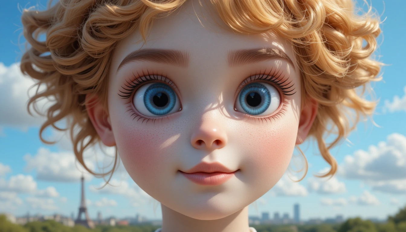 Curly haired cotton doll girl before blue sky Eiffel Tower